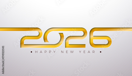 Happy New Year 2026 Logo Typography Design with Gold Cutting Number on White Background. Christmas Holiday Greeting Card Illustration with Text Label for Calendar, Flyer, Banner, Celebration Poster