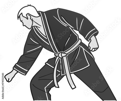 Martial Artist in Action Pose Wearing Black Gi – Vector Illustration.