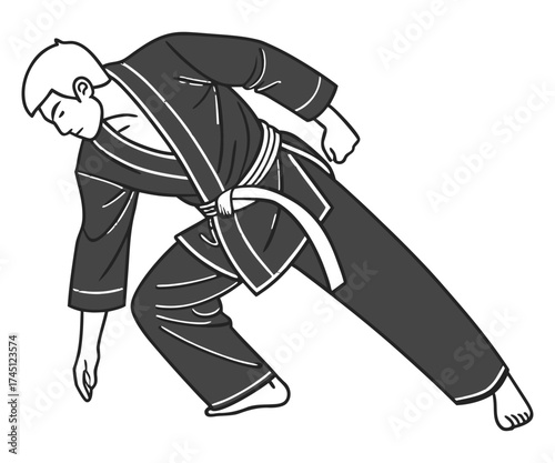 Martial Artist in Action Pose Wearing Black Gi – Vector Illustration.