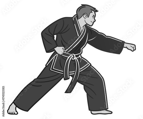 Martial Artist in Action Pose Wearing Black Gi – Vector Illustration.