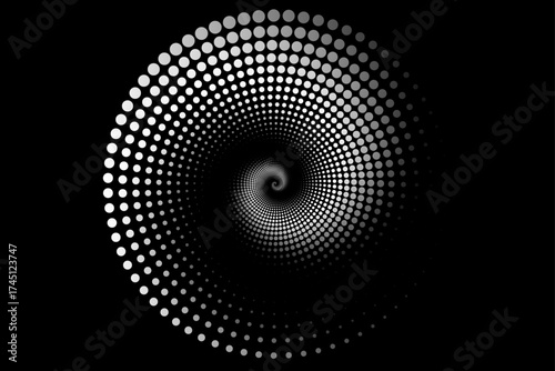 Halftone circular spiral, logo circle dots texture optical illusion of the gradient, vector illustration in black and white background