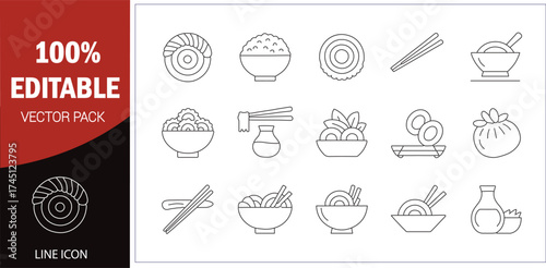 Line Icons of Asian Food and Cuisine Keywords: asian food, sushi, rice, bowl, chopsticks, soy