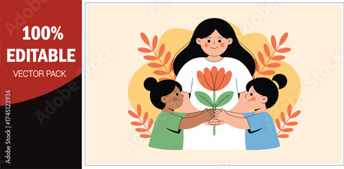 Mother and children sharing a flower family