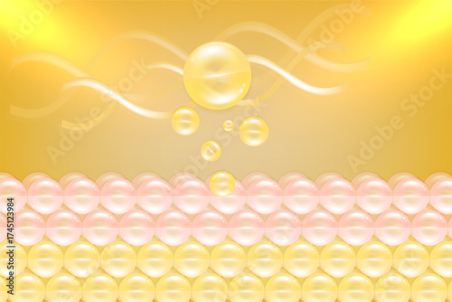Hyaluronic acid and Niacinamide hair and skin solutions ad, gold collagen serum drops into skin cell with cosmetic advertising background ready to use, illustration vector.