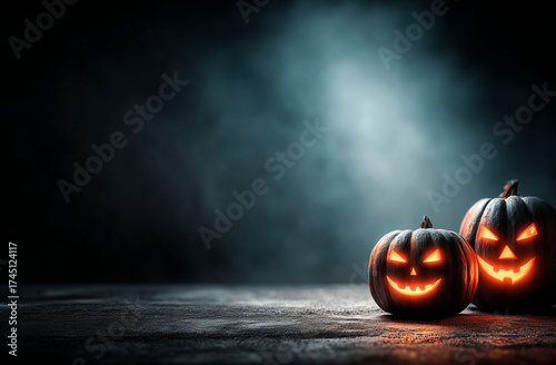 Halloween pumpkins on wooden table with foggy background, copy space