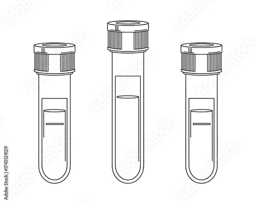 Three clear test tubes with gray caps contain transparent liquid for science work.