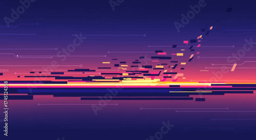 Abstract digital artwork depicting a vibrant sunset with pixelated, fragmented elements.