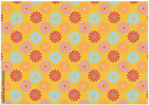 Floral pattern with orange, pink, and blue flowers on a yellow background.