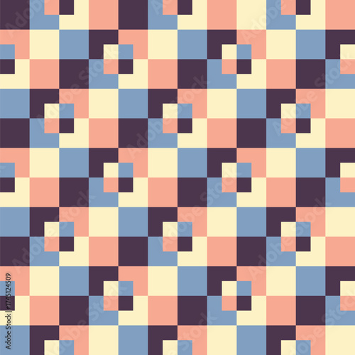 Pattern created from cream, blue, peach and maroon squares