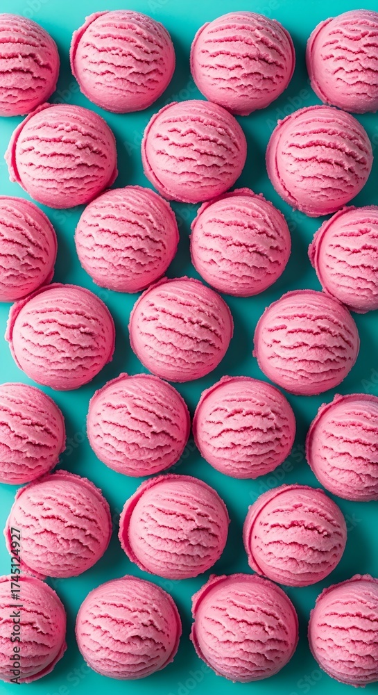 Obraz premium Rows of strawberry ice cream scoops on a bright turquoise background