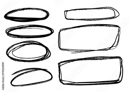 Brush drawn ellipses, ovals and bubbles to circle and highlight text. Hand drawn marker emphasis elements. Doodle geometric outline shapes. Rough crayon circles vector illustration.
