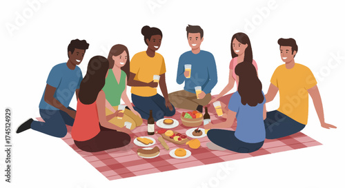 A diverse group of friends enjoying a picnic with food and drinks on a checkered blanket.