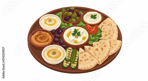 A vibrant illustration showcasing a delicious platter of Mediterranean appetizers, including hummus, olives, and pita bread.