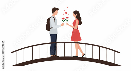 A young man with a backpack gives red roses to a woman in a red dress on a romantic arched bridge.