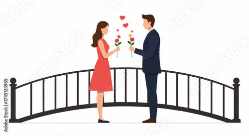 A romantic couple stands on an arched bridge, exchanging roses with floating hearts symbolizing their love.