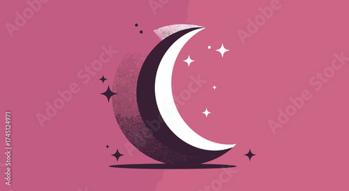 Stylized crescent moon illustration with stars on a pink background, creating a dreamy, celestial scene.