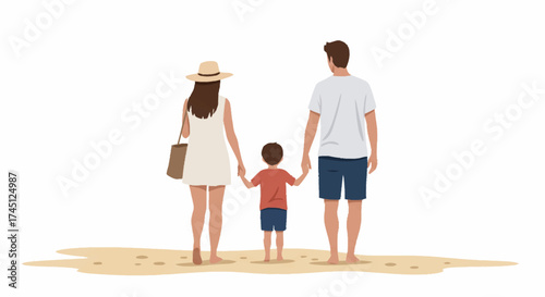 A young family with a small child standing on the sand, holding hands and looking out together.
