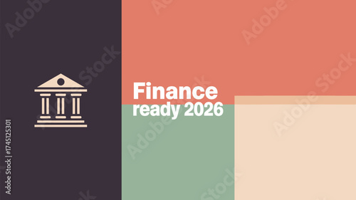 Finance ready message with bank icon and color blocks in coral green and brown for business promotion