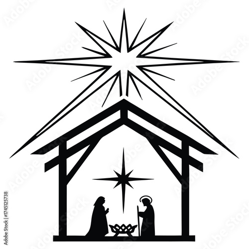 A black silhouette of a nativity scene