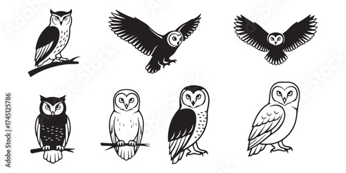 black and white silhouette outline owl art logo design set