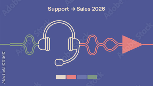Illustration showing support transitioning to sales with headset and forward arrow design