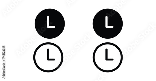 Clock icon set – stylized black and white circular symbols showing 9:00 for scheduling, punctuality, time management, and UI design