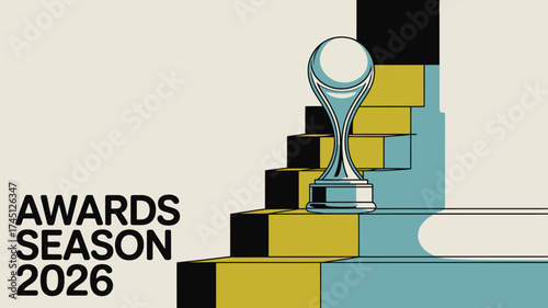 Awards season graphic with trophy on steps in black yellow and blue with text awards season two thousand twenty six