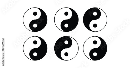 Yin-Yang icon set – stylized black and white duality symbols for balance, harmony, Eastern philosophy, and spiritual design concepts