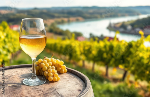 Glass of white Riesling wine overlooking scenic Germany vineyard landscape. Harvest, local viticulture, luxury tasting experience concept.