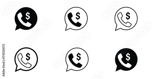 Phone call with dollar sign icon set – stylized speech bubble symbols for paid services, financial support, billing, and telecom interaction
