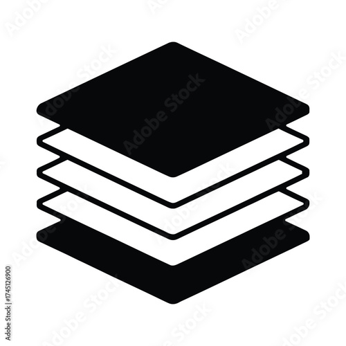 Layered stack icon – stylized black and white 3D sheets symbol for data organization, architecture, hierarchy, and digital interface design