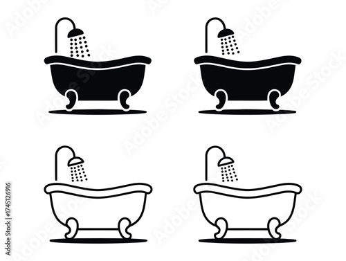 Bathtub with shower icon set – stylized black and white clawfoot tub symbols with water droplets for hygiene, plumbing, and bathroom design