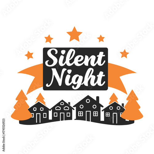 Festive Holiday Scene with Silent Night Text and Cozy Houses