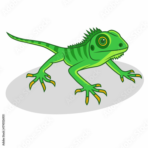 A colorful cartoon vector illustration of a cute green iguana mascot, isolated on a white background. Perfect for tropical wildlife themes, animal character designs, logos, or educational graphics.