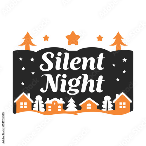 Christmas Holiday Scene with Silent Night Text and Village