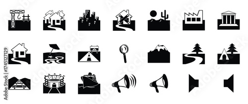 Set of vehicle, construction, logistics, megaphone and volume icons