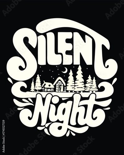 Vintage Silent Night Holiday Graphic with Cabin and Trees
