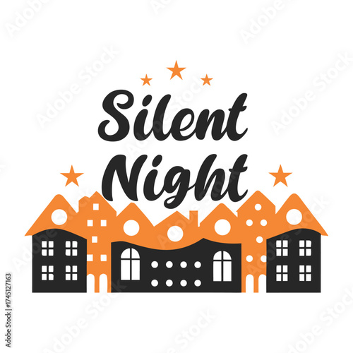 Silent Night Holiday Illustration with Houses and Stars