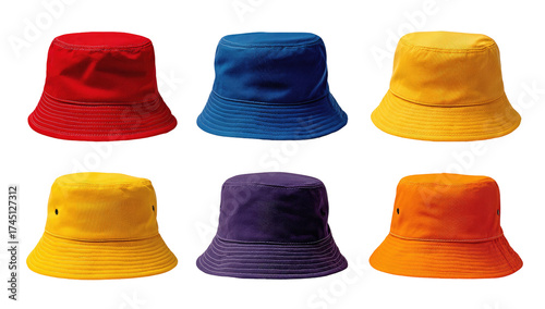 Six brightly colored, unisex bucket hats arranged in two rows, each with a visible brim