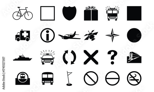 Set of ambulance, no smoking, train, ban icons