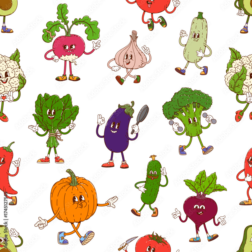 Fototapeta premium Groovy vegetable characters pattern of cartoon funny veggie with faces, vector seamless background. Groovy vegetable pattern of funky tomato with spinach, pumpkin, cauliflower and broccoli characters