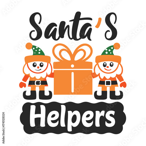 Whimsical Santa's Helpers Graphic with Gift Box and Playful Elves