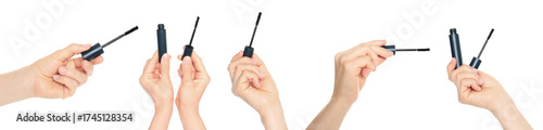 Set of human hands holding eyelash mascara and brush isolated on transparent background.