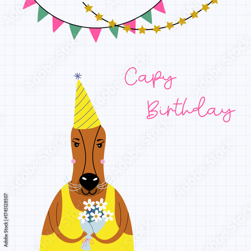 Happy Birthday greeting card, social media banner. Funny congratulating print with capybara character. Cute holiday animal. Hand drawn flat design vector illustration.