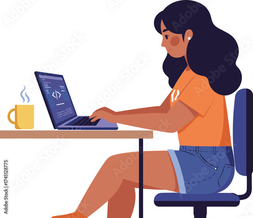 Programmer coding laptop, remote work, software development, digital workspace, tech lifestyle, focused developer, coding illustration, modern work setup, productivity art,