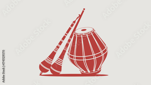 Celebrate culture with this captivating tabla and pungi illustration perfect for showcasing Indian traditions and musical heritage in vibrant designs