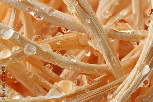 Bunch of straws with water droplets on them. The droplets are scattered all over the straws, creating a sense of movement and energy. Scene is lively and dynamic