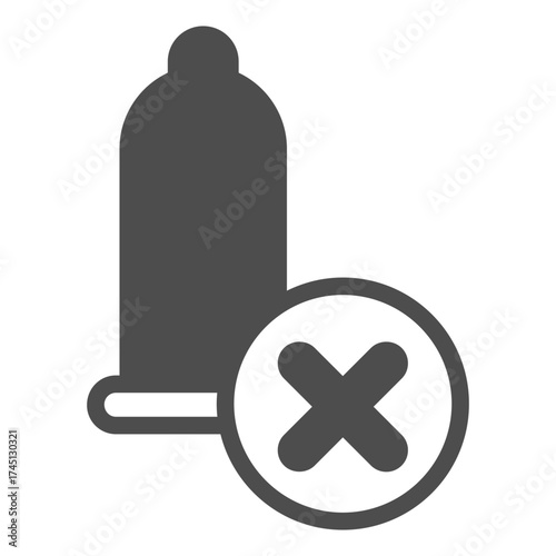 Condom ban solid icon, protection concept. Vector graphics. Rubber with close button, forbidden item sign on white background, glyph style icon for mobile or web design.
