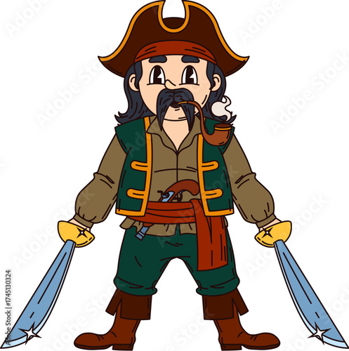 Groovy pirate sailor or corsair captain character with sword sabers, cartoon vector. Caribbean pirate skipper or boatswain corsair and filibuster man with smoking pipe and musket as groovy character