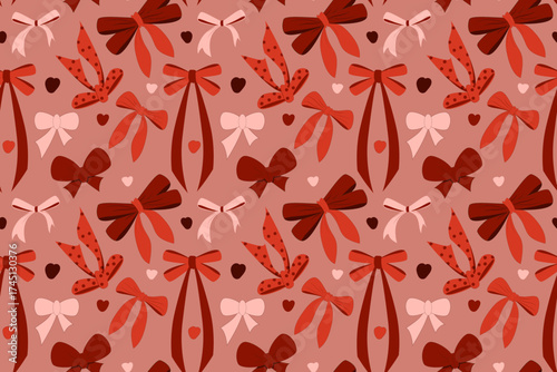 Romantic vector seamless pattern featuring a dense, scattered mix of various stylized bows and accent hearts in red and pink palette, perfect for feminine apparel or Valentine's Day designs.